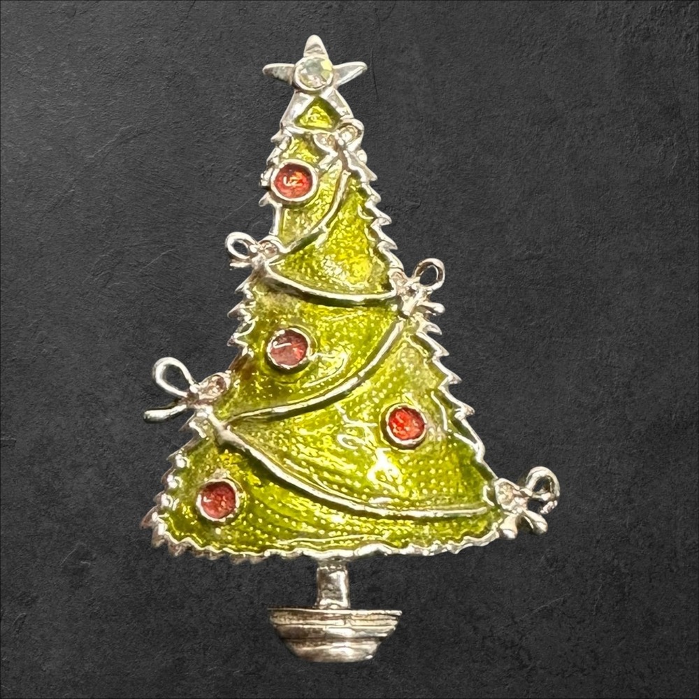 Vintage Christmas Tree Brooch Green/Red Enamel Blue Rhinestone Silver Tone